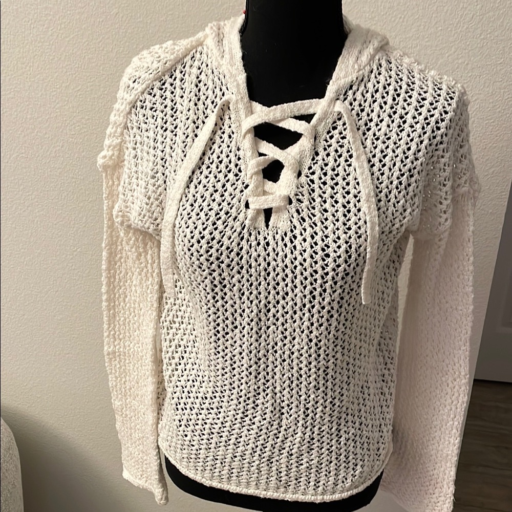 American Eagle White Lace-Up Sweater